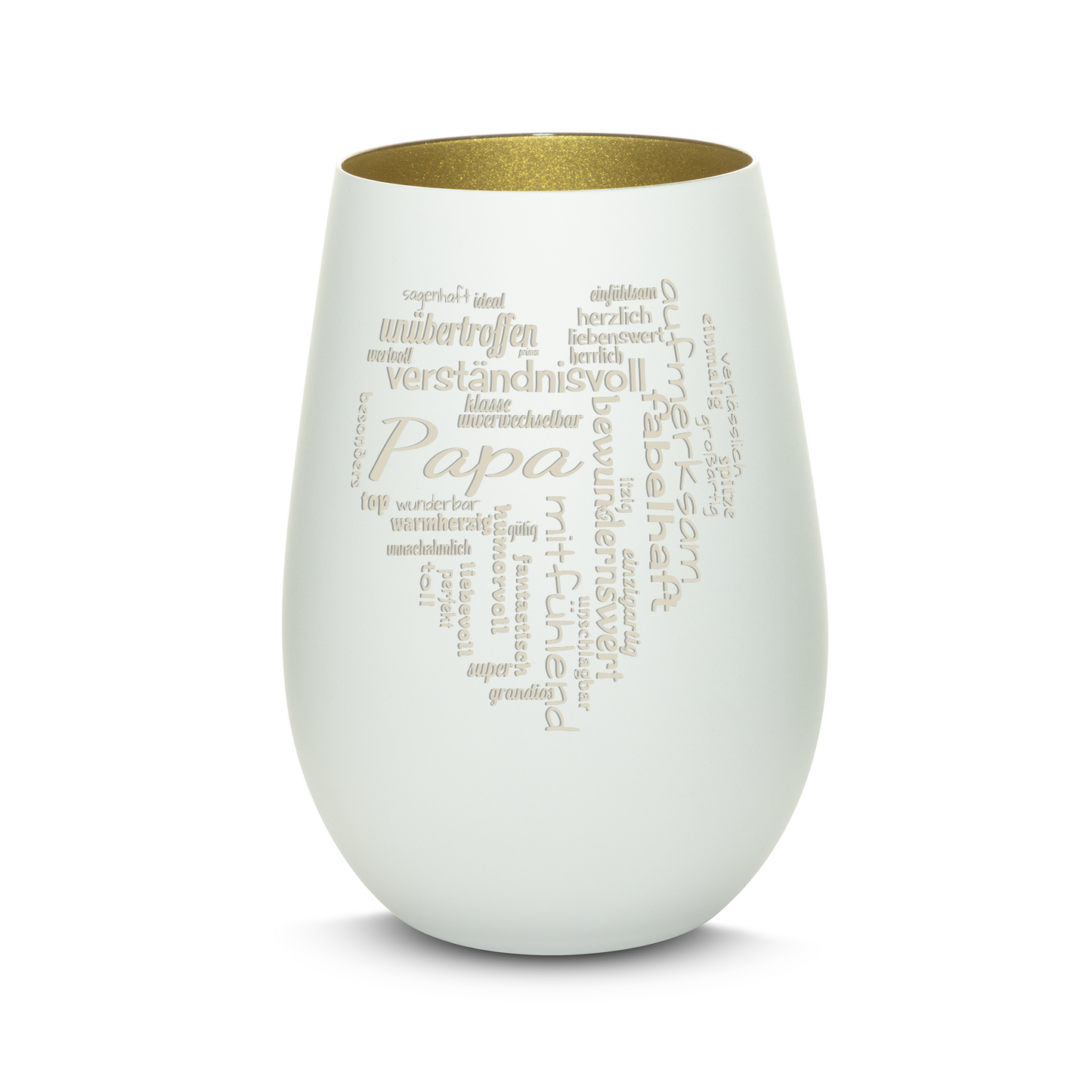 Hochwertiges Glas Windlicht mit Gravur "PAPA GROßES HERZ" in der Farbe Weiß/Gold