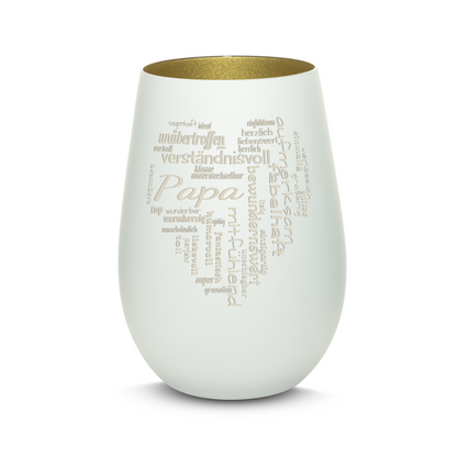 Hochwertiges Glas Windlicht mit Gravur "PAPA GROßES HERZ" in der Farbe Weiß/Gold