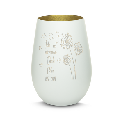 Hochwertiges Glas Windlicht mit Gravur als Trauerlicht "ICH VERMISSE DICH" mit Wunschname in der Farbe Weiß/Gold