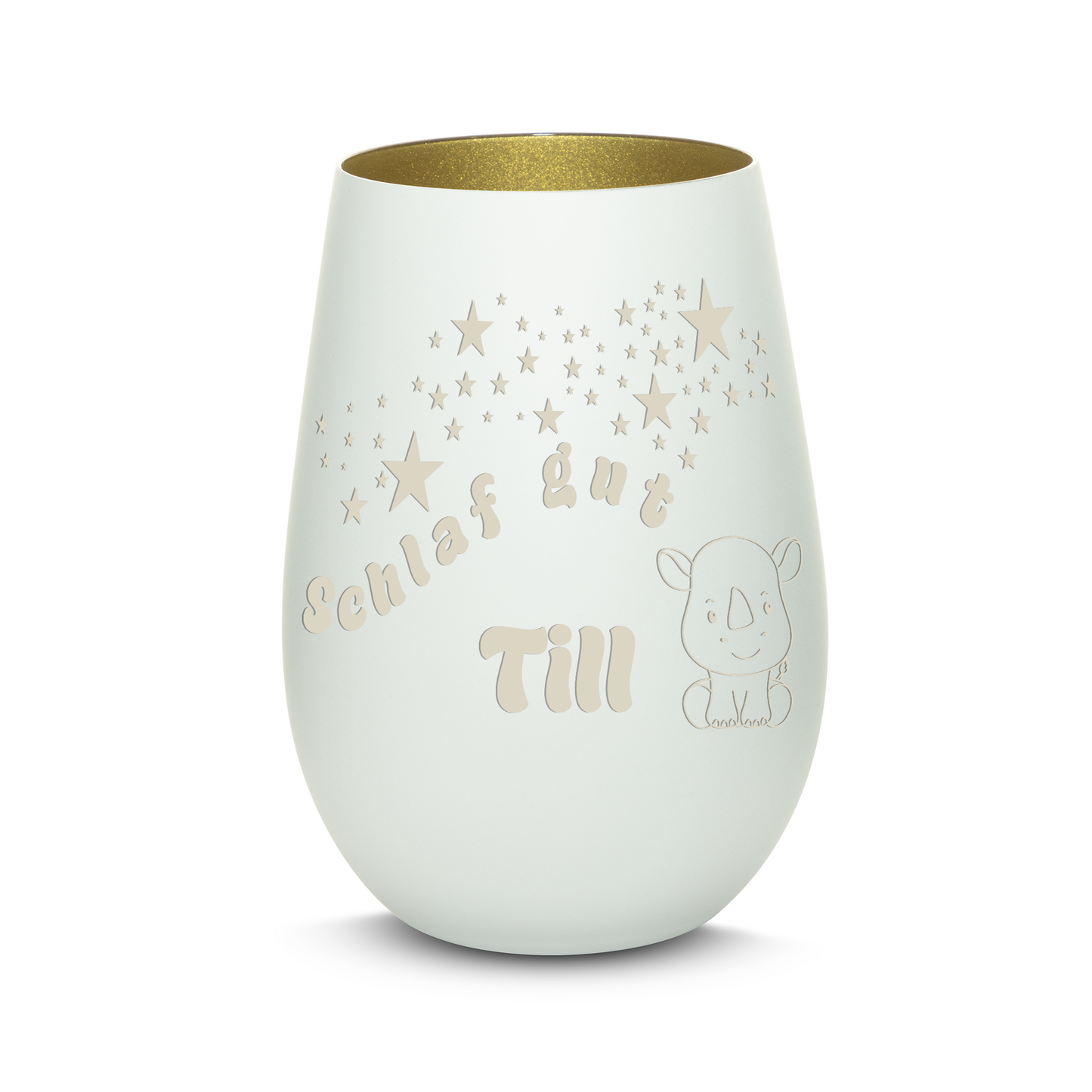 Hochwertiges Glas Windlicht für Kinder mit Gravur "SCHLAF GUT" Motiv Nashorn mit Wunschname in der Farbe Weiß/Gold