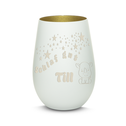 Hochwertiges Glas Windlicht für Kinder mit Gravur "SCHLAF GUT" Motiv Nashorn mit Wunschname in der Farbe Weiß/Gold