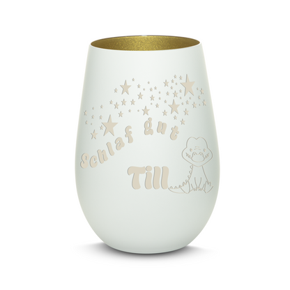 Hochwertiges Glas Windlicht für Kinder mit Gravur "SCHLAF GUT" Motiv Krokodil mit Wunschname in der Farbe Weiß/Gold