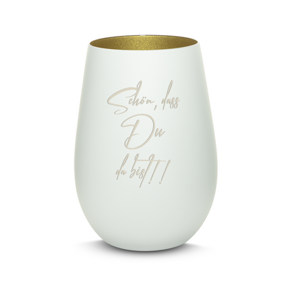 Hochwertiges Glas Windlicht mit Gravur "SCHÖN, DASS DU DA BIST" in der Farbe Weiß/Gold