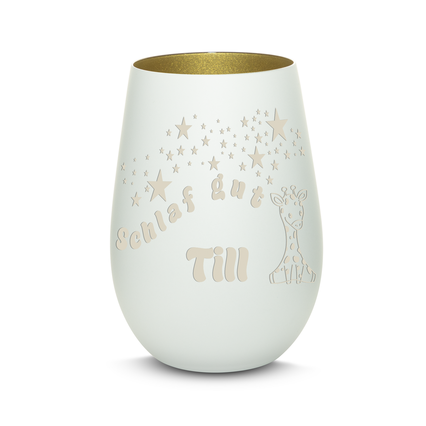Hochwertiges Glas Windlicht für Kinder mit Gravur "SCHLAF GUT" Motiv Giraffe mit Wunschname in der Farbe Weiß/Gold