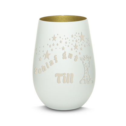 Hochwertiges Glas Windlicht für Kinder mit Gravur "SCHLAF GUT" Motiv Giraffe mit Wunschname in der Farbe Weiß/Gold