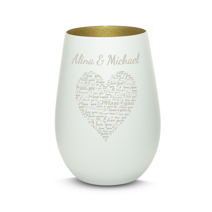 Hochwertiges Glas Windlicht mit Gravur "I LOVE YOU" mit Wunschnamen in der Farbe Weiß/Gold