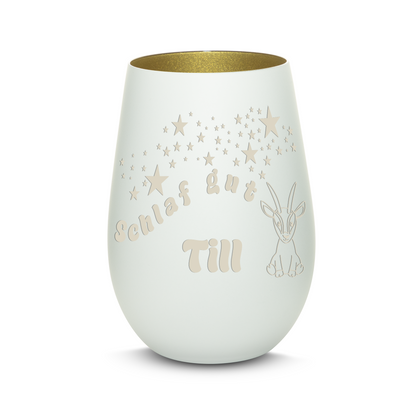 Hochwertiges Glas Windlicht für Kinder mit Gravur "SCHLAF GUT" Motiv Antilope mit Wunschname in der Farbe Weiß/Gold