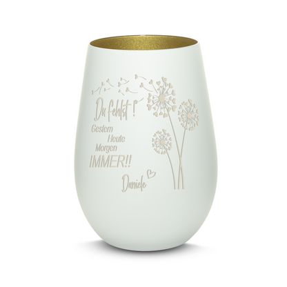 Hochwertiges Glas Windlicht mit Gravur als Trauerlicht "DU FEHLST! GESTERN HEUTE MORGEN IMMER" mit Wunschname in der Farbe Weiß/Gold