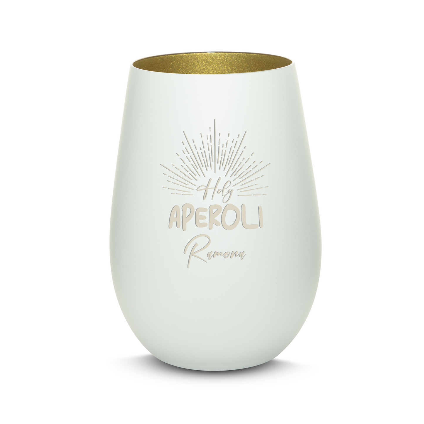 Hochwertiges Glas Windlicht mit Gravur "HOLY APEROLI" mit Wunschname in der Farbe Weiß/Gold