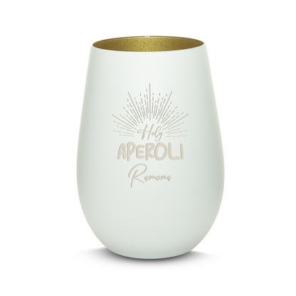 Hochwertiges Glas Windlicht mit Gravur "HOLY APEROLI" mit Wunschname in der Farbe Weiß/Gold