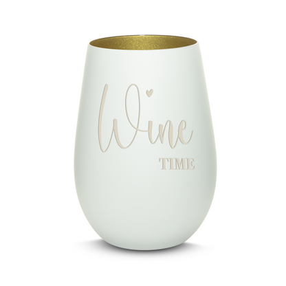 Hochwertiges Glas Windlicht mit Gravur "WINE TIME" in der Farbe Weiß/Gold