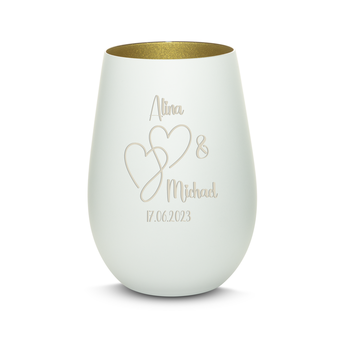 Hochwertiges Glas Windlicht mit Gravur "LIEBES WINDLICHT HERZ2" mit Wunschnamen und Datum in der Farbe Weiß/Gold