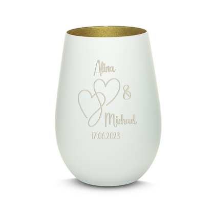 Hochwertiges Glas Windlicht mit Gravur "LIEBES WINDLICHT HERZ2" mit Wunschnamen und Datum in der Farbe Weiß/Gold