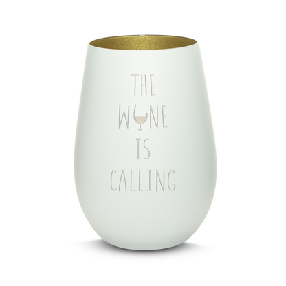 Hochwertiges Glas Windlicht mit Gravur "THE WINE IS CALLING" in der Farbe Weiß/Gold