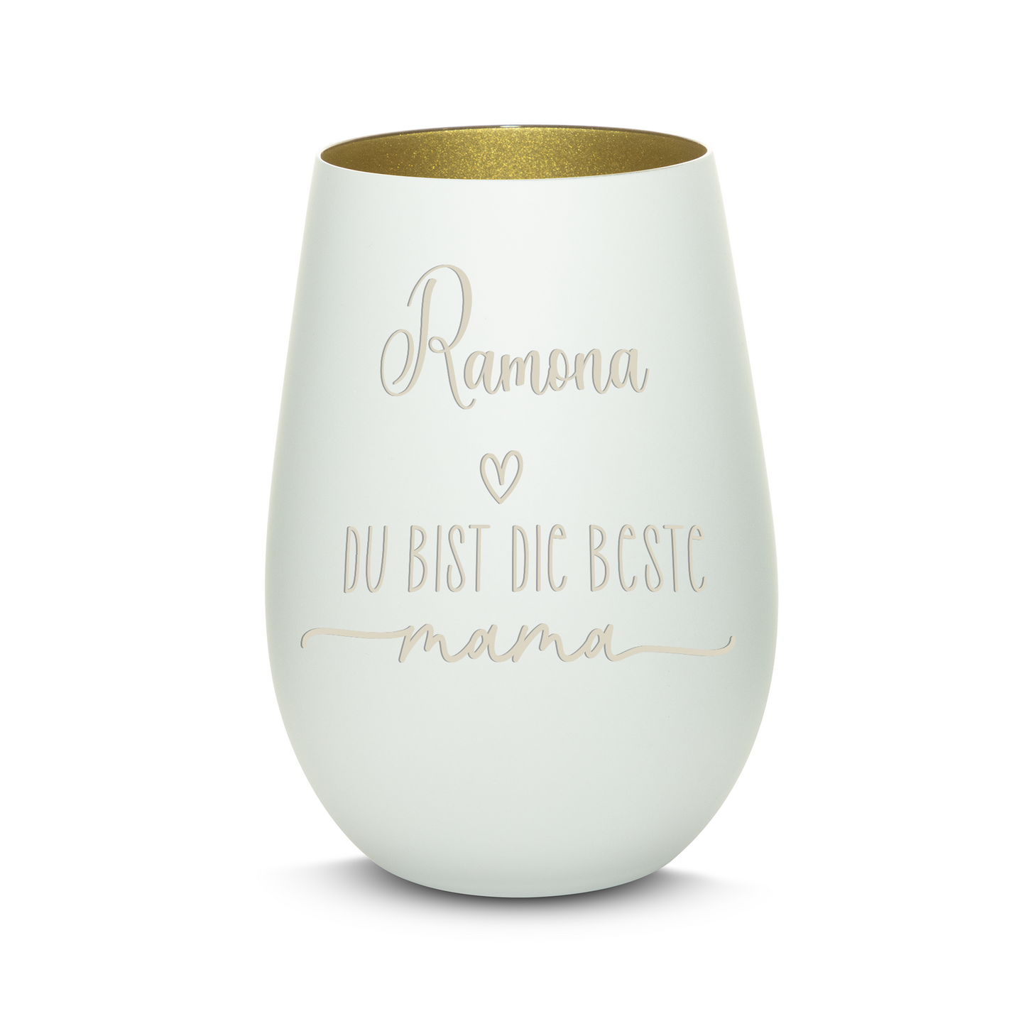 Hochwertiges Glas Windlicht mit Gravur "DIE BESTE MAMA" mit Wunschname in der Farbe Weiß/Gold