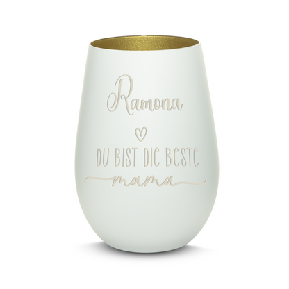 Hochwertiges Glas Windlicht mit Gravur "DIE BESTE MAMA" mit Wunschname in der Farbe Weiß/Gold