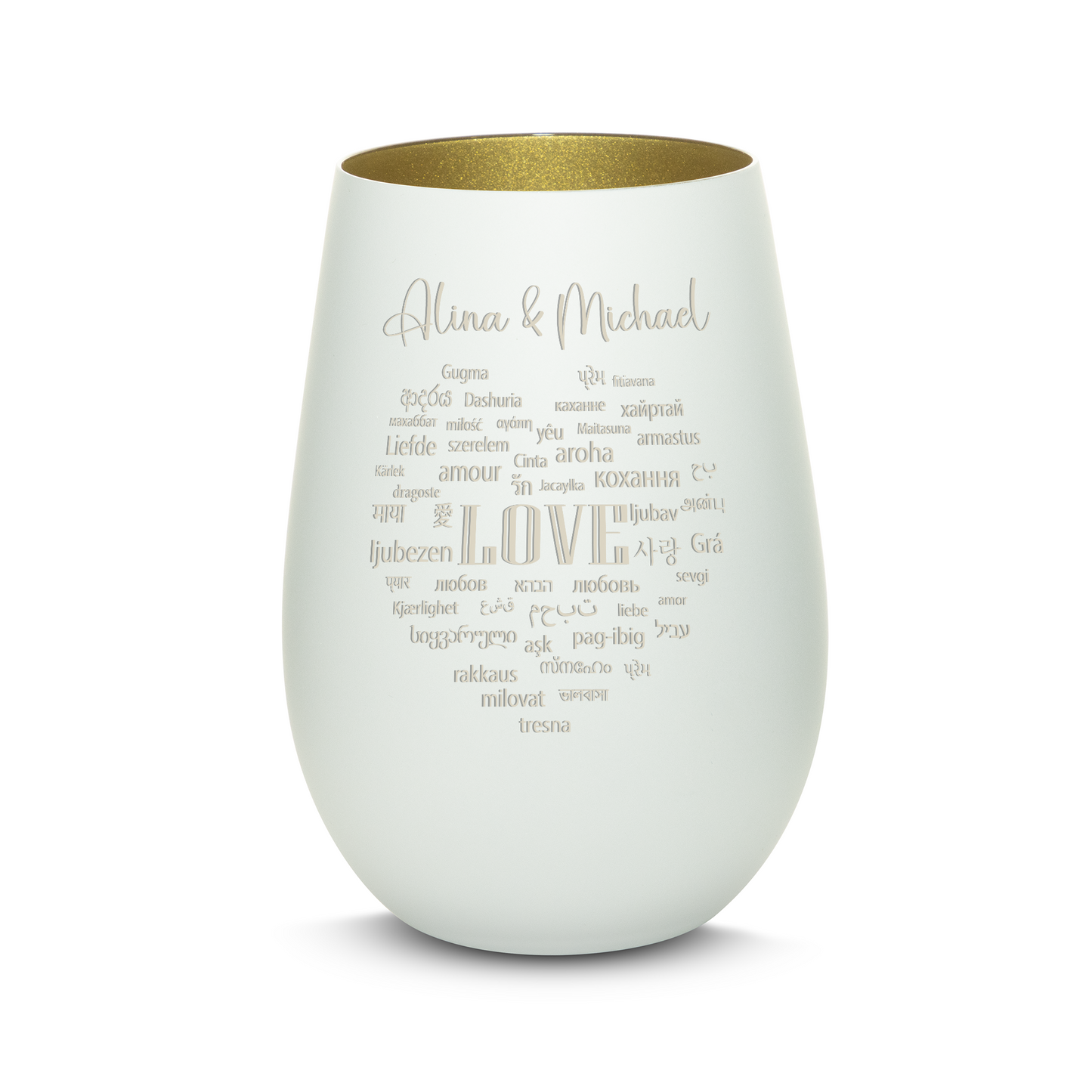 Hochwertiges Glas Windlicht mit Gravur "LIEBE IN ALLEN SPRACHEN" mit Wunschnamen in der Farbe Weiß/Gold