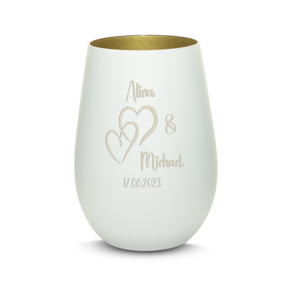 Hochwertiges Glas Windlicht mit Gravur "LIEBES WINDLICHT HERZ1" mit Wunschnamen und Datum in der Farbe Weiß/Gold