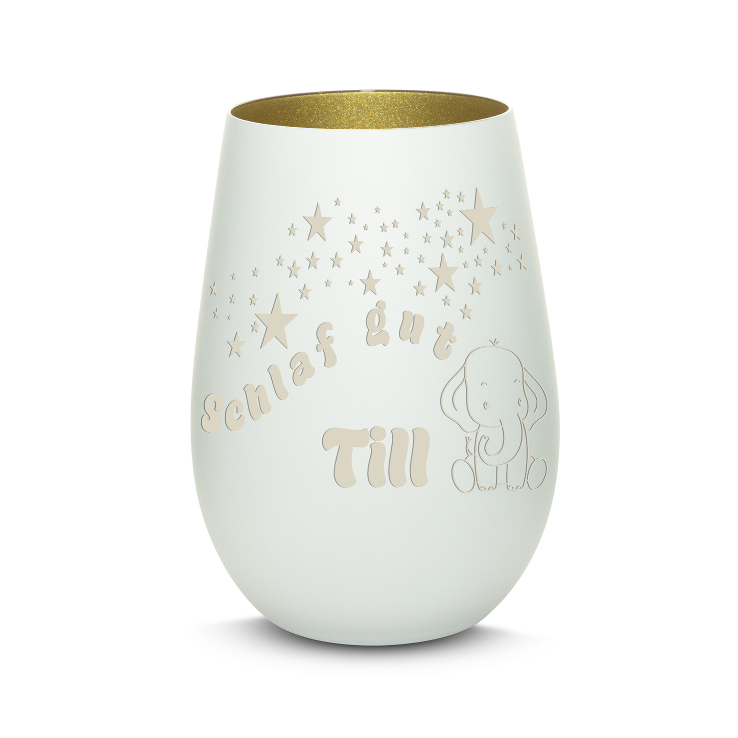 Hochwertiges Glas Windlicht für Kinder mit Gravur "SCHLAF GUT" Motiv Elefant mit Wunschname in der Farbe Weiß/Gold