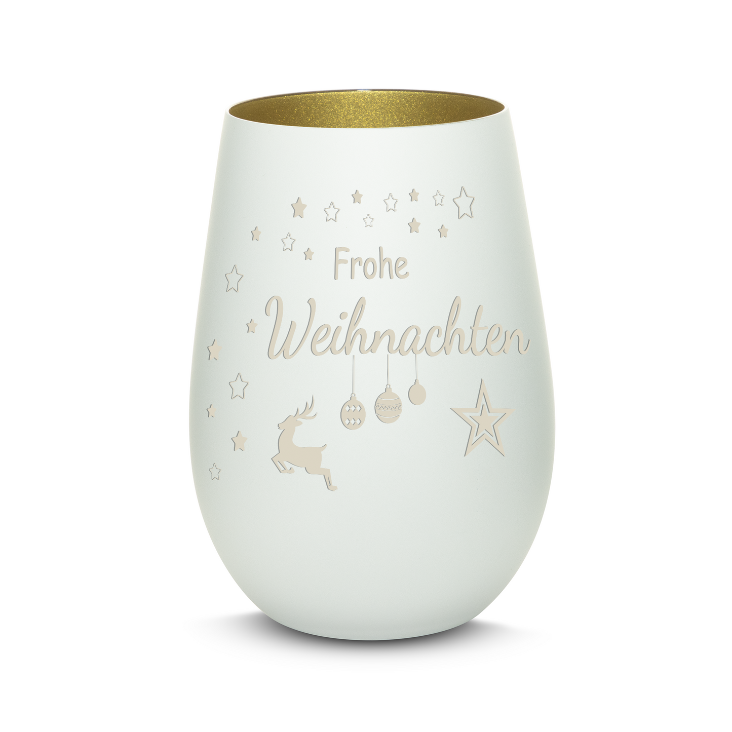 Hochwertiges Glas Windlicht mit Gravur "FROHE WEIHNACHTEN" in der Farbe Weiß/Gold
