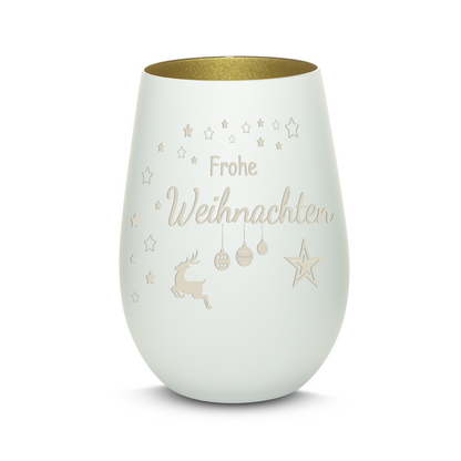 Hochwertiges Glas Windlicht mit Gravur "FROHE WEIHNACHTEN" in der Farbe Weiß/Gold