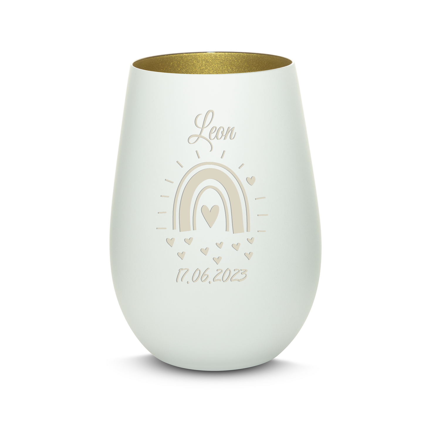 Hochwertiges Glas Windlicht mit Gravur "GEBURT MIT REGENBOGEN" mit Wunschname und Datum in der Farbe Weiß/Gold