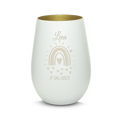 Hochwertiges Glas Windlicht mit Gravur "GEBURT MIT REGENBOGEN" mit Wunschname und Datum in der Farbe Weiß/Gold