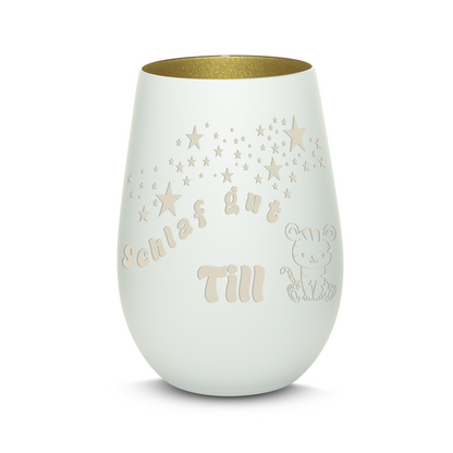 Hochwertiges Glas Windlicht für Kinder mit Gravur "SCHLAF GUT" Motiv Tiger mit Wunschname in der Farbe Weiß/Gold