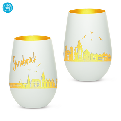 Hochwertiges Glas Windlicht mit Gravur "SKYLINE OSNABRÜCK" in der Farbe Weiß/Gold