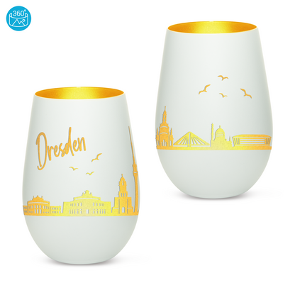 Hochwertiges Glas Windlicht mit Gravur "SKYLINE DRESDEN" in der Farbe Weiß/Gold