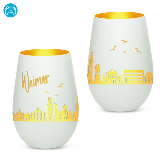 Hochwertiges Glas Windlicht mit Gravur "SKYLINE WEIMAR" in der Farbe Weiß/Gold