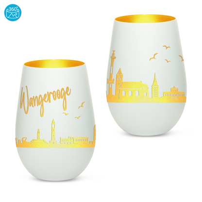 Hochwertiges Glas Windlicht mit Gravur "SKYLINE WANGEROOGE" in der Farbe Weiß/Gold