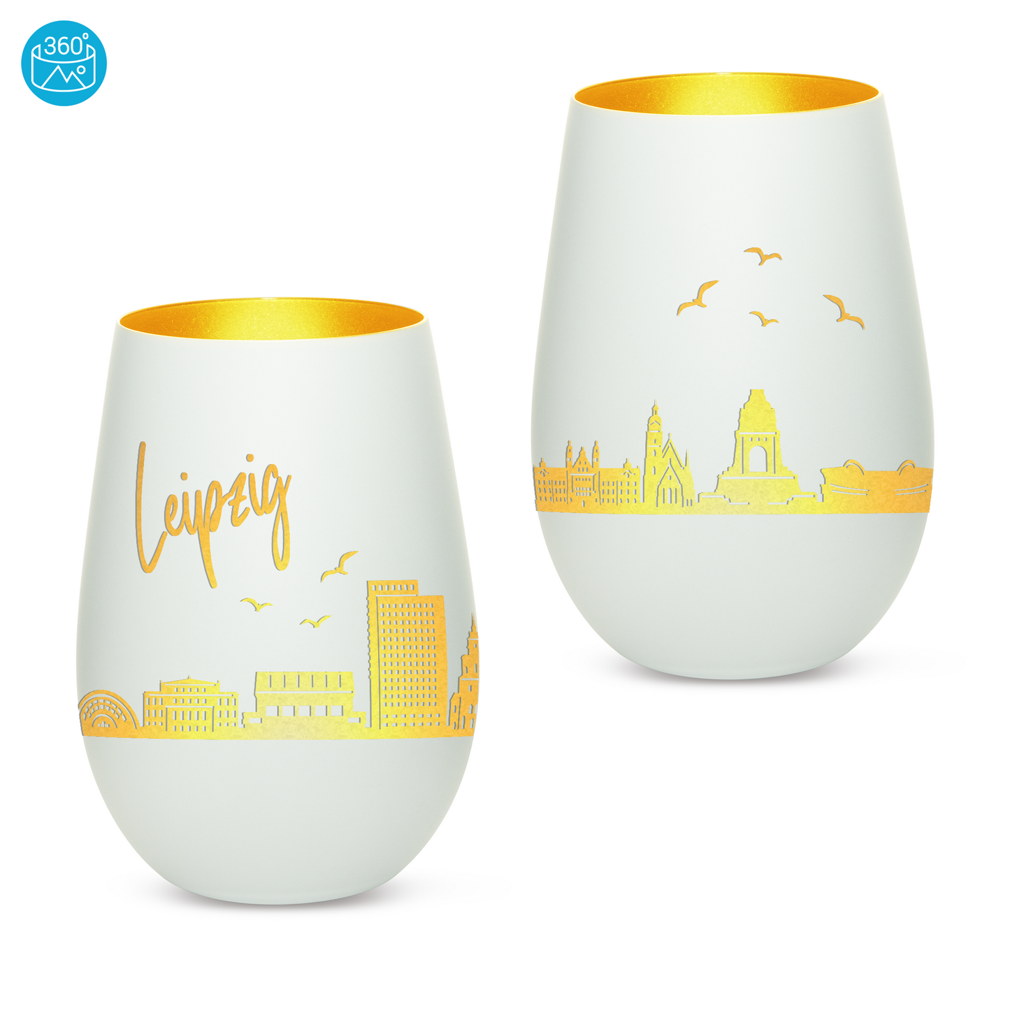 Hochwertiges Glas Windlicht mit Gravur "SKYLINE LEIPZIG" in der Farbe Weiß/Gold