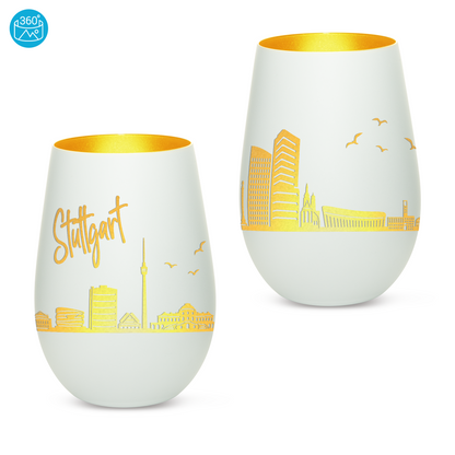 Hochwertiges Glas Windlicht mit Gravur "SKYLINE STUTTGART" in der Farbe Weiß/Gold