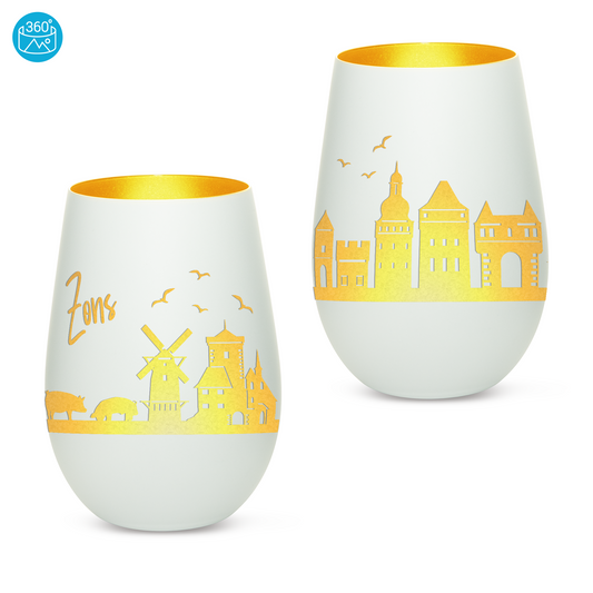 Hochwertiges Glas Windlicht mit Gravur "SKYLINE ZONS (DORMAGEN)" in der Farbe Weiß/Gold