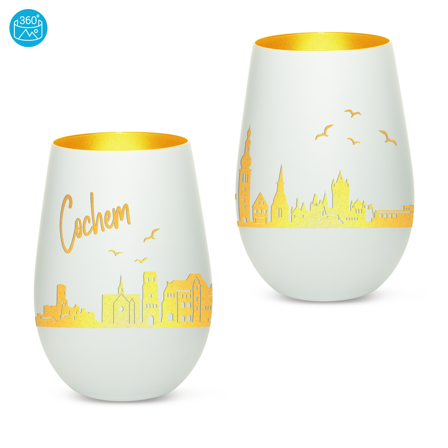 Hochwertiges Glas Windlicht mit Gravur "SKYLINE COCHEM" in der Farbe Weiß/Gold