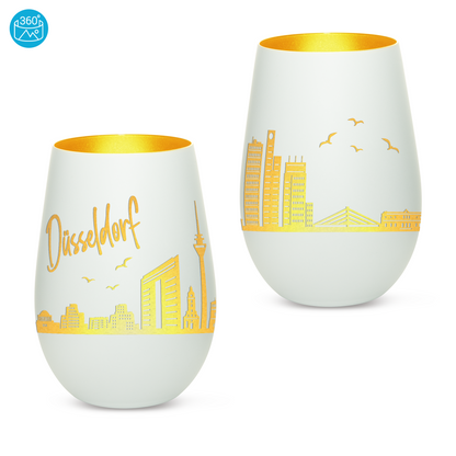 Hochwertiges Glas Windlicht mit Gravur "SKYLINE DÜSSELDORF" in der Farbe Weiß/Gold