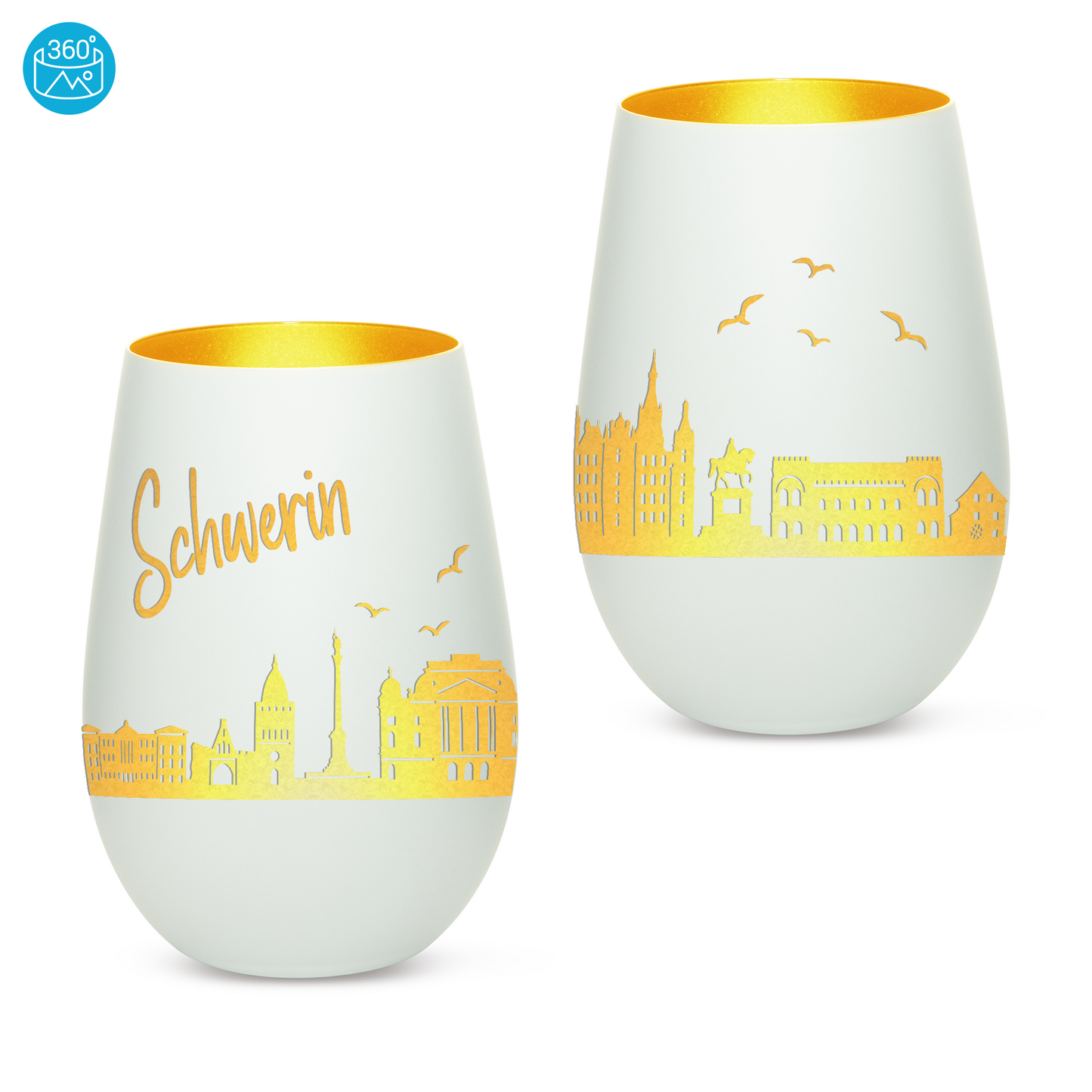 Hochwertiges Glas Windlicht mit Gravur "SKYLINE SCHWERIN" in der Farbe Weiß/Gold