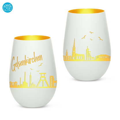 Hochwertiges Glas Windlicht mit Gravur "SKYLINE GELSENKIRCHEN" in der Farbe Weiß/Gold