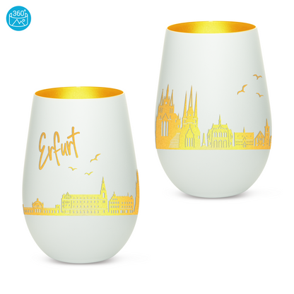 Hochwertiges Glas Windlicht mit Gravur "SKYLINE ERFURT" in der Farbe Weiß/Gold