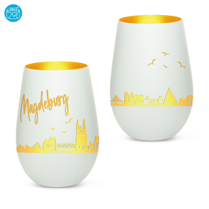 Hochwertiges Glas Windlicht mit Gravur "SKYLINE MAGDEBURG" in der Farbe Weiß/Gold