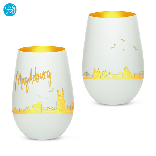Hochwertiges Glas Windlicht mit Gravur "SKYLINE MAGDEBURG" in der Farbe Weiß/Gold