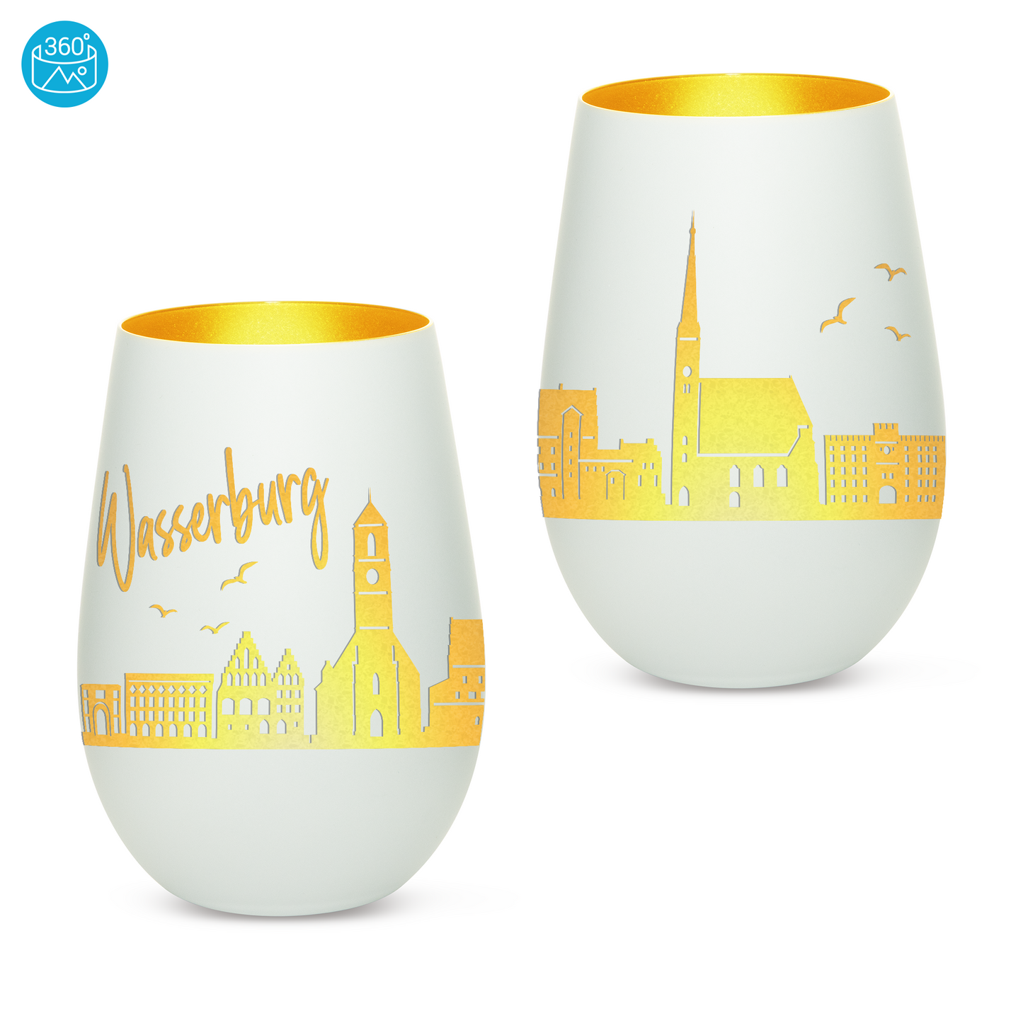 Hochwertiges Glas Windlicht mit Gravur "SKYLINE WASSERBURG" in der Farbe Weiß/Gold