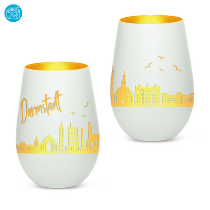 Hochwertiges Glas Windlicht mit Gravur "SKYLINE DARMSTADT" in der Farbe Weiß/Gold