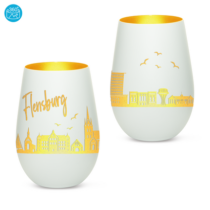 Hochwertiges Glas Windlicht mit Gravur "SKYLINE FLENSBURG" in der Farbe Weiß/Gold