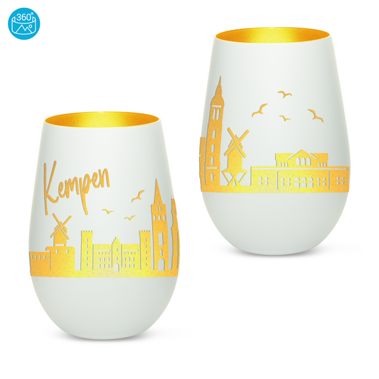 Hochwertiges Glas Windlicht mit Gravur "SKYLINE KEMPEN" in der Farbe Weiß/Gold