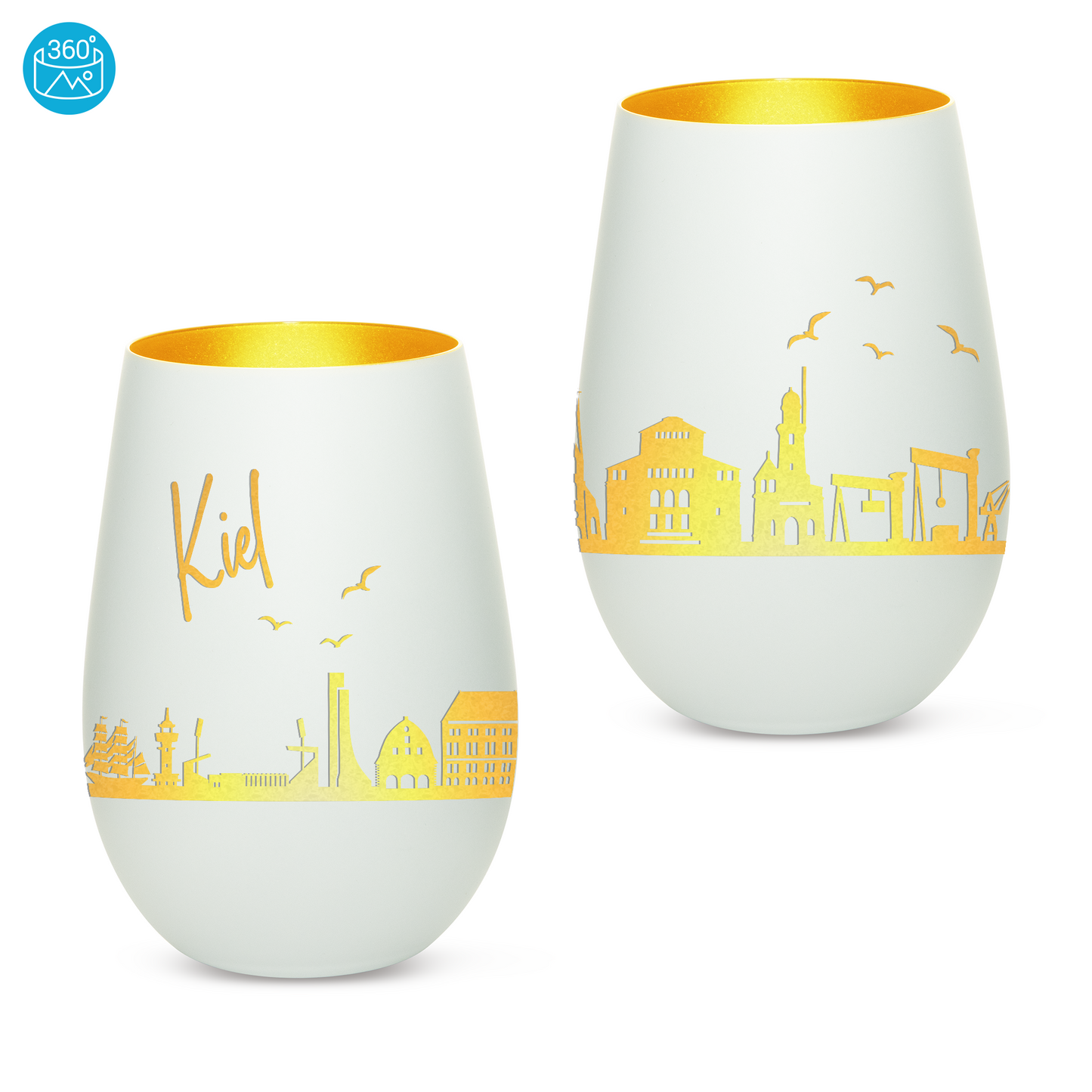 Hochwertiges Glas Windlicht mit Gravur "SKYLINE KIEL" in der Farbe Weiß/Gold