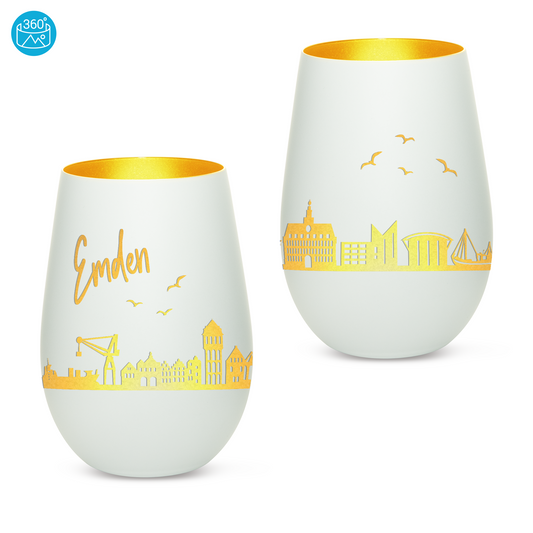 Hochwertiges Glas Windlicht mit Gravur "SKYLINE EMDEN" in der Farbe Weiß/Gold