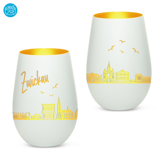 Hochwertiges Glas Windlicht mit Gravur "SKYLINE ZWICKAU" in der Farbe Weiß/Gold