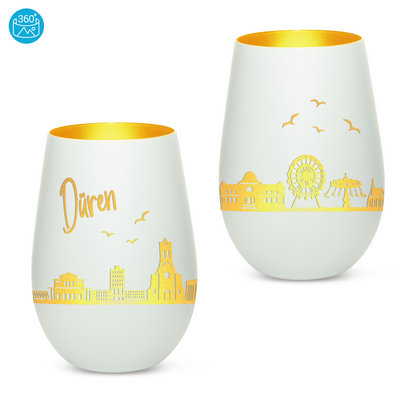 Hochwertiges Glas Windlicht mit Gravur "SKYLINE DÜREN" in der Farbe Weiß/Gold